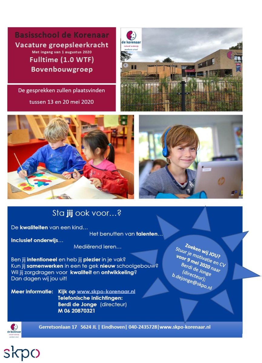 Fulltime vacature op onze mooie, nieuwe, inclusieve school! #vacature #Onderwijs