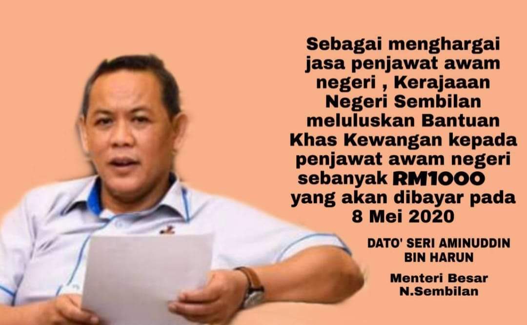 Aminuddin Harun No Twitter Kerajaan Negeri Sembilan Beri Bantuan Khas Kewangan Rm1 000 Kepada Hampir 4 000 Orang Kakitangan Awam Bawah Kerajaan Negeri Semoga Bantuan Khas Ini Mampu Menyuntik Ekonomi Di N Sembilan Dalam Menghadapi