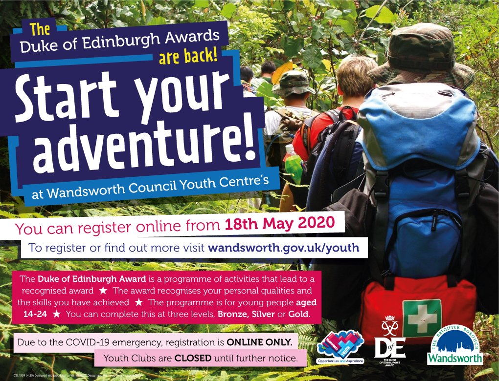 Youth clubs are closed, so if you want to do your <a href="/WandsworthDofE/">Wandsworth DofE</a>, go online to find out more and sign up. wandsworth.gov.uk/youth
