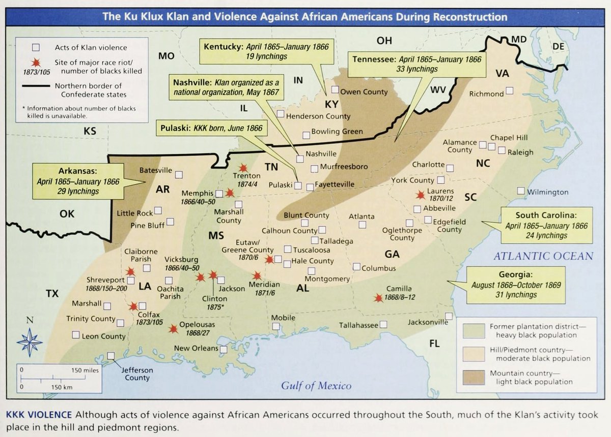 'The Ku Klux Klan and Violence against African Americans  during Reconstruction, 1865-1874.' From Gary B. Nash, Atlas of American History (2007). #ReconstructionEra #CivilWar