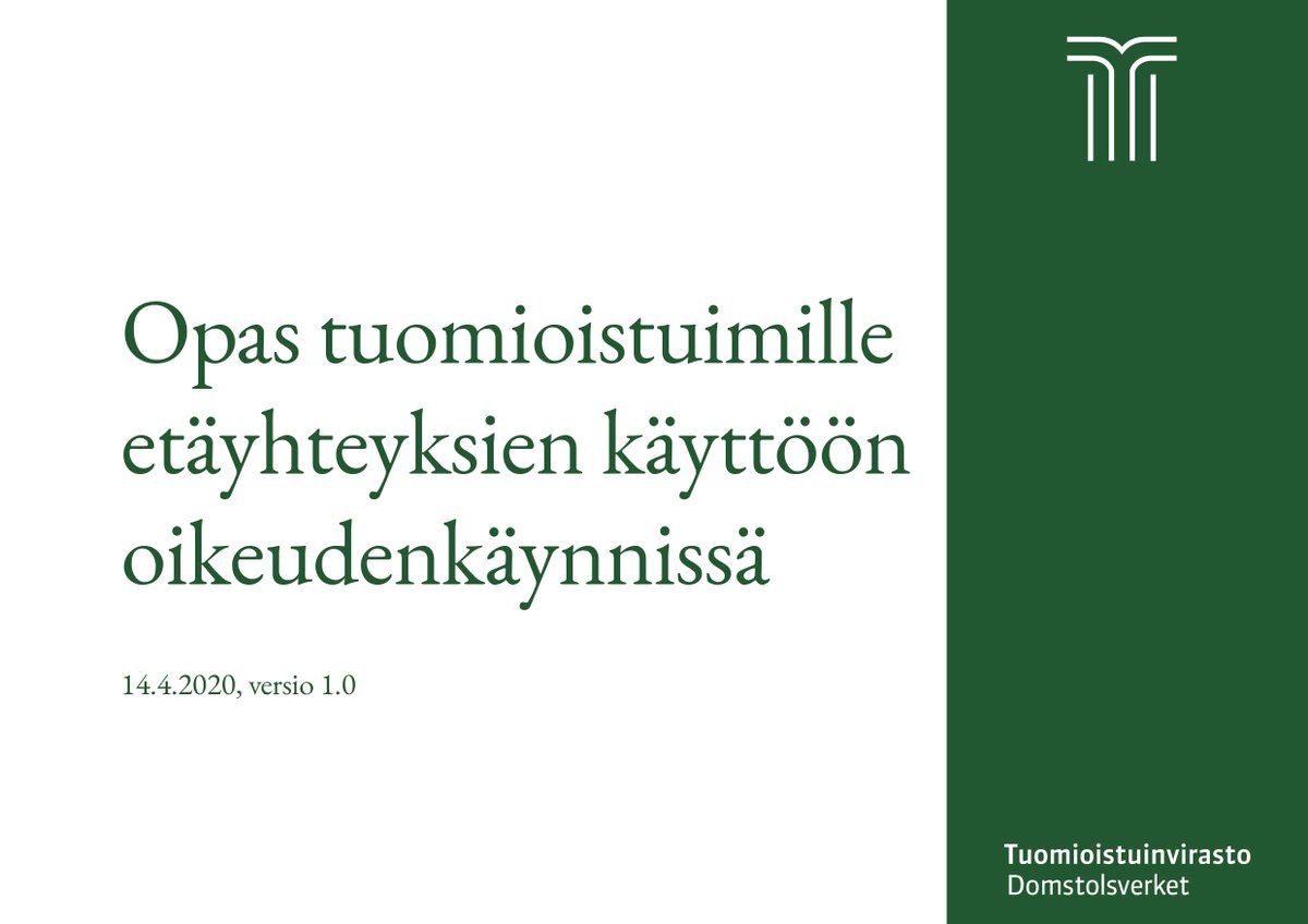 Tuomioistuinvirasto julkaisi tänään tuomioistuimille oppaan oikeudenkäyntien järjestämisestä etäyhteyksin. Siinä on pyritty käymään läpi kattavasti asiat, joita on hyvä ottaa huomioon, mutta samalla kannustamaan etäyhteyksien käyttöön.
tuomioistuinvirasto.fi/fi/index/loade…
#tuomioistuimet