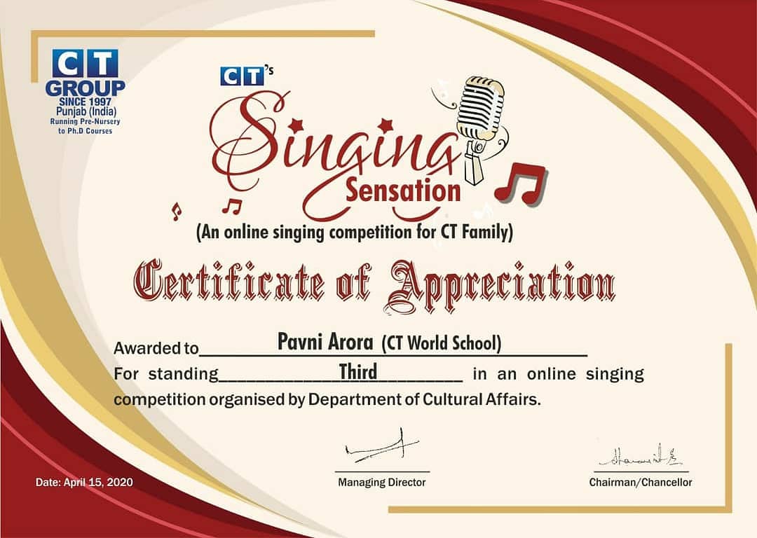 Out of more than 50 entries, we congratulate below students who won CT's Singing Sensation- an online singing competition. 

1st:Jatinder Singh, BAJMC, CTIHS 

2nd: Devika, M.Tech, CTITR Maqsudan

3rd: Pavni Arora, CT World School

#CTGroup #CTW #CTWorldSchool