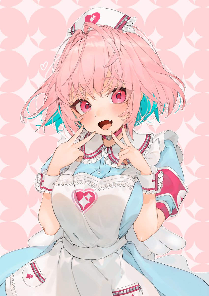 yumemi riamu 1girl solo pink hair hat apron fang open mouth  illustration images