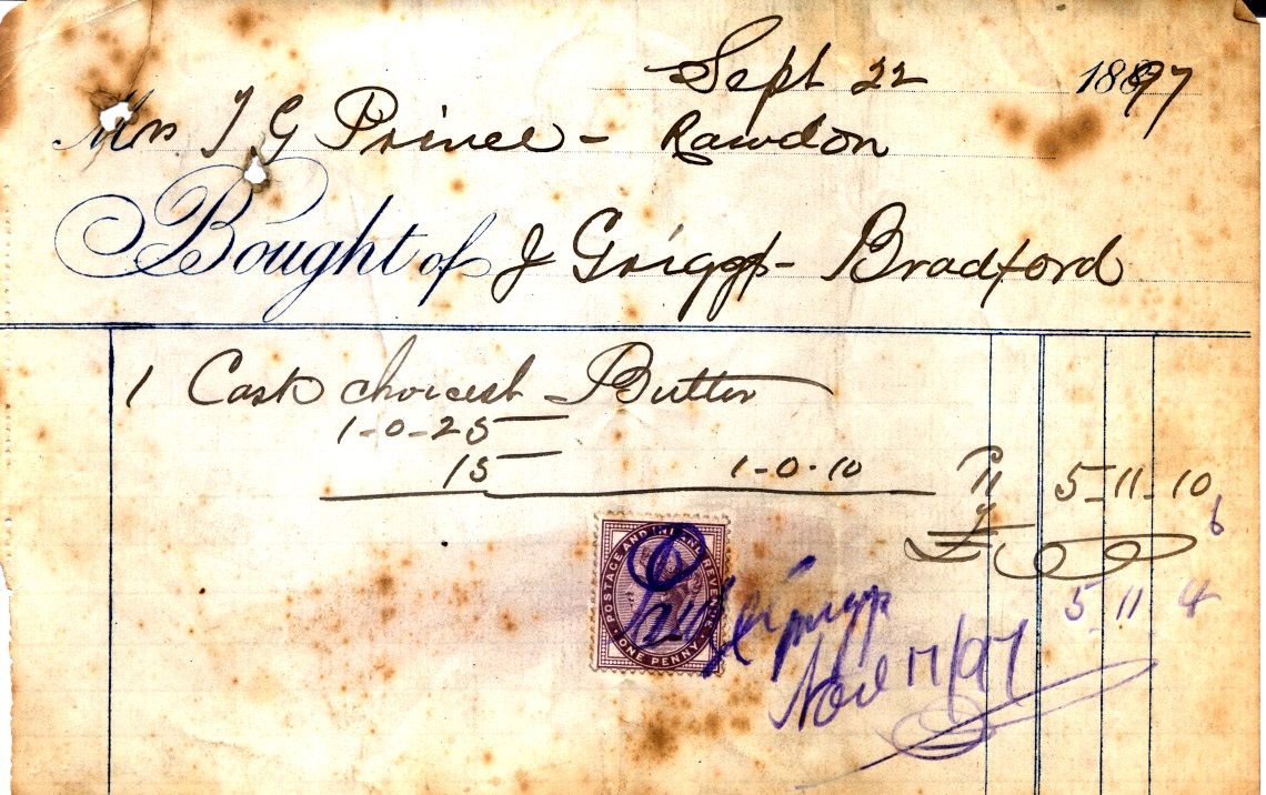 Onward! butts Fact: butter is great. In the immortal words of Honey Boo Boo, 'mo butter, 'mo better.Turns out Mr JG Prince of Rawdon knew this back in 1897, when he bought a cask full of t'lovely stuff from J Griggs in Rawdon.