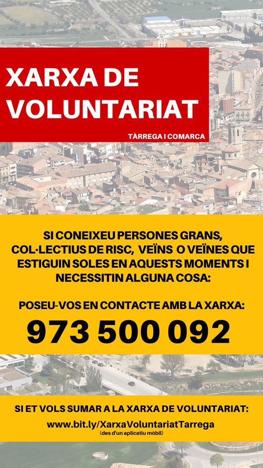 socialtarrega's tweet photo. Recorda que a #Tàrrega hi ha una xarxa de voluntariat per acompanyar-te i donat-te un cop de mà. 
Truca al 973500092 si:
☎️Et ve de gust parlar una estona amb algú
👫Necessites que algú vagi a comprar o a la farmàcia per tu
#quedatacasa #totaniràbé @ajtarrega https://t.co/nkGHkpEwmf