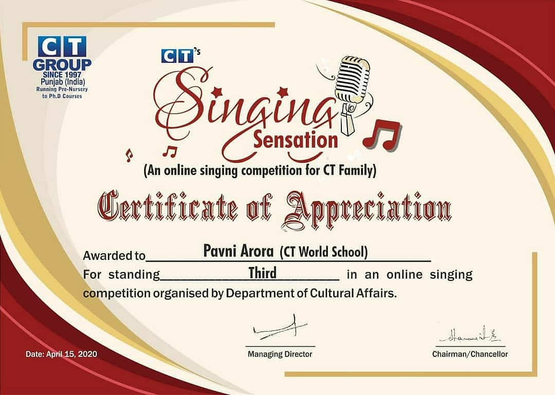 Out of more than 50 entries, we congratulate below students who won CT's Singing Sensation- an online singing competition. 

1st:Jatinder Singh, BAJMC, CTIHS 

2nd: Devika, M.Tech, CTITR Maqsudan

3rd: Pavni Arora, CT World School
#CTPublicSchool