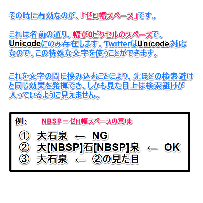 検索ページ✧︎*。 予告通り、ゼロ幅スペースによる検索避けについての解説ツイートをし