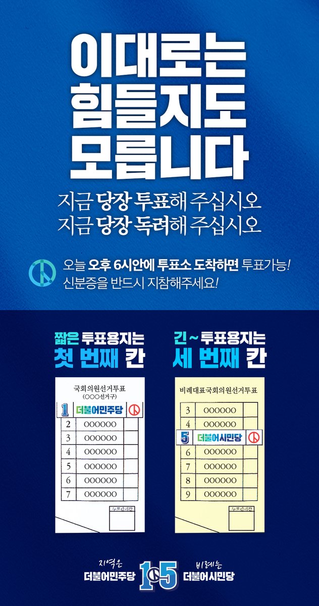 TheMinjoo_Kr's tweet photo. "너 어제 투표했어?"          
1⃣할말없음 후회한다5⃣
1⃣오늘당장 투표하자5⃣
1⃣오늘당장 독려하자5⃣
#더불어민주당 #더불어시민당 https://t.co/CIqXiZACAk