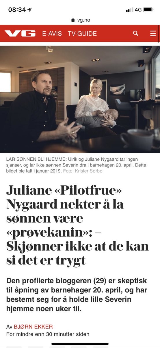 Hovedsak på VG:

En blogger uten noe som helst medisinsk kompetanse uttaler seg om barns helsemessige trygghet i barnehage.

Altså, det er helt greit at noen velger å beholde barna hjemme. Men kan <a href="/vgnett/">VG</a> bruke forsida til noe annet enn Pilotfrue sin uvesentlige mening om saken?