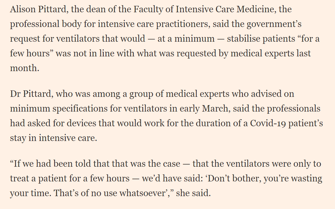 NEW: Where top ITU doc  @AlisonPittard tells me that the MINIMUM standard ventilator specced in govt's 'ventilator challenge' would be no use in treating COVID patient in ICU - so question? Why did UK govt aim so low? 1/Thread https://www.ft.com/content/365529f8-bff3-41d2-949f-d0eedff0cfbb