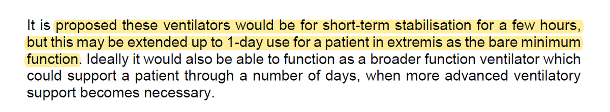 The spec on govt website says "bare minimum" for machines "would be for short-term stabilisation for a few hours, but this may be extended up to 1-day use for a patient in extremis" /2 https://www.gov.uk/government/publications/specification-for-ventilators-to-be-used-in-uk-hospitals-during-the-coronavirus-covid-19-outbreak#history