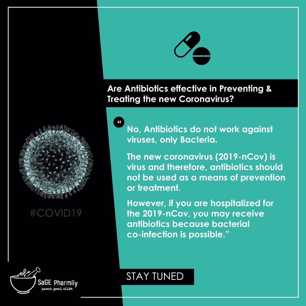 sagepharmily's tweet photo. #COVID19 is caused by a virus and can not be treated or prevented with #Antibiotics. 

However, if you are infected by #COVID19  you may receive antibiotics due to bacterial co-infection. 

#SaveAntibiotics 
#SaGEActs
#StayHome
#StayInformed https://t.co/KzpVab4sGV