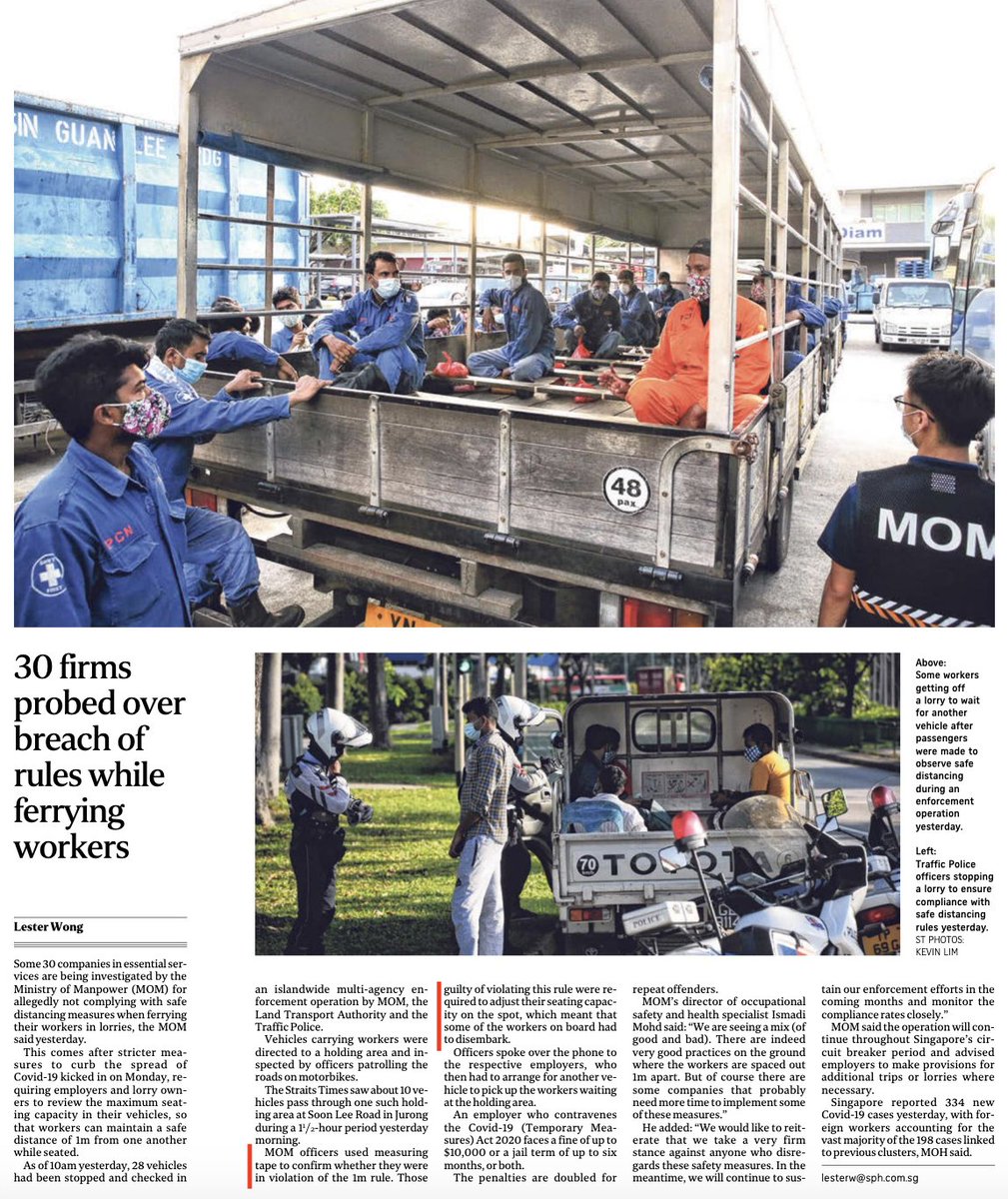 A report in  @STcom today following up on the govt announcing safe distancing rules while workers are transported to and from work in the backs of lorries. MOM carrying out checks, measuring space between men.  #COVID19  #Singapore