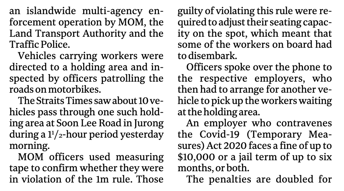 A report in  @STcom today following up on the govt announcing safe distancing rules while workers are transported to and from work in the backs of lorries. MOM carrying out checks, measuring space between men.  #COVID19  #Singapore