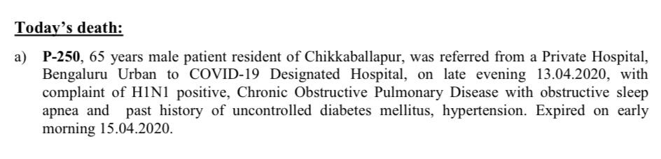  #Karnataka reports one more death due to  #COVID19 taking the total number of fatalities in the state so far to 11. The 65-yr-old man from  #Chikkaballapur succumbed to comorbidities in  #Bengaluru,  @DHFWKA confirms.  @IndianExpress