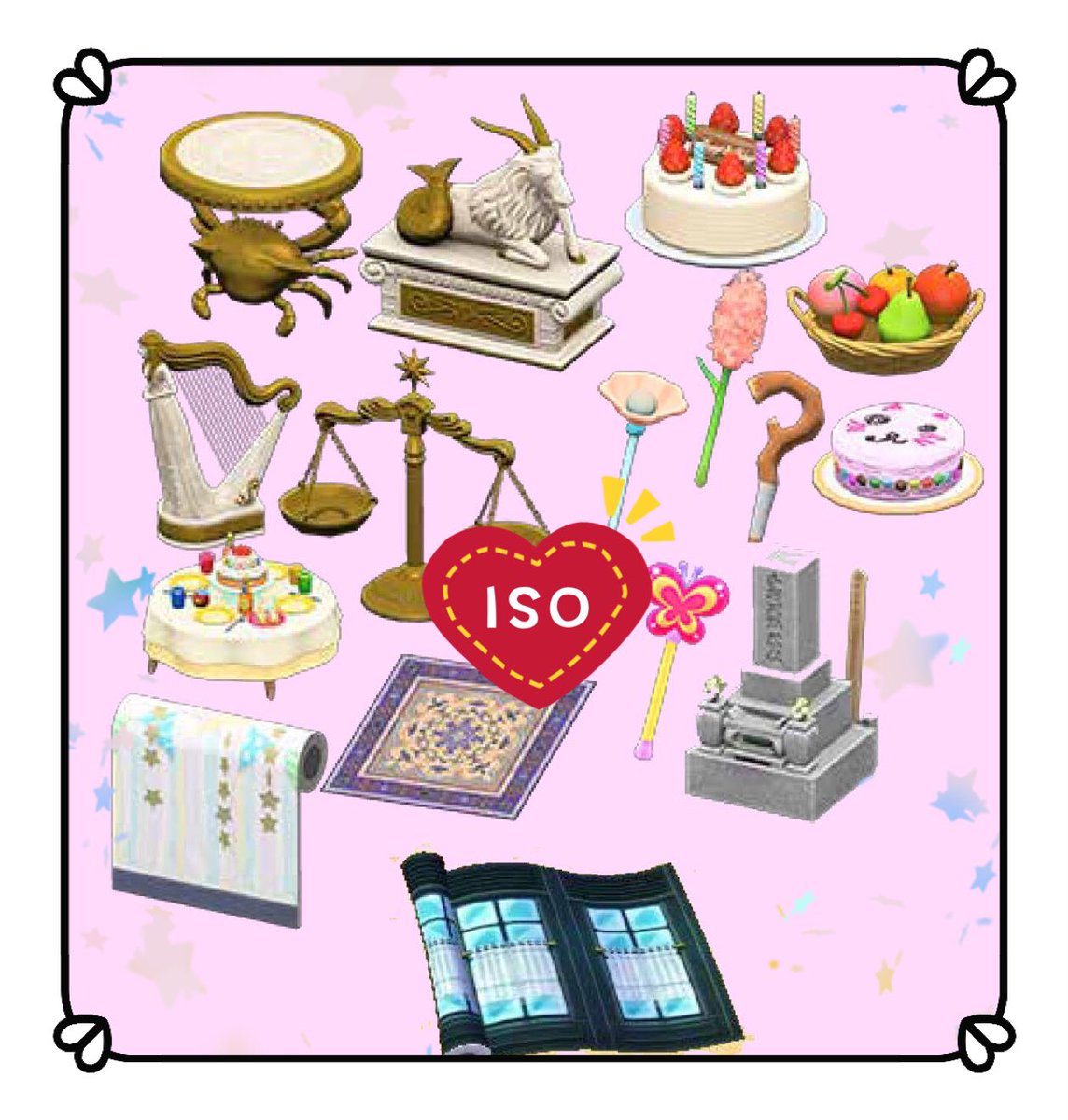 ISO + Extra recipes for trade/sale *updated 4/14*Looking to buy or trade for these items! Not exclusively these color variants! Will generously pay for any zodiac furniture and any of the wands. My catalog is extensive as well and will -(1/3)  #acnh    #animalcrossing  