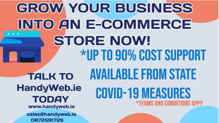 handyweb_ie's tweet photo. Do you qualify for up to 90% of cost of an e-commerce website. New Government supports for local businesses  support up to 90% of cost of trading online. Talk to https://t.co/HfdesphRoL today for further information #westmeath #mullingar #webdesign #ecommerce #offaly #meath https://t.co/bqqdnVB7JP