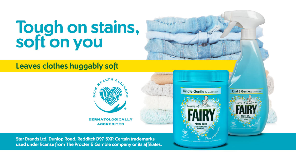 fairylaundryaid's tweet photo. Tired of harsh fabric stain removers? Try Fairy Non Bio Stain Removers for enzyme free stain removal that's tough on stains but soft on you and your families skin. #toughonstains #fairylaundryaids #starbrandsltd #dermatologicallyaccredited #forsensitiveskin https://t.co/lP0azeBhyy