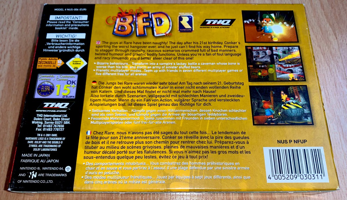 Conker's Bad Fur Day (N64, 2001) Jamais sorti au Japon, ce jeu aussi drôle que grossier, douteux et violent fit polémique en fin de vie de la console et constitue un de ses titres les plus recherchés !Je l’ai acquis en état neuf fin 2006 et conservé quasiment à l’identique.