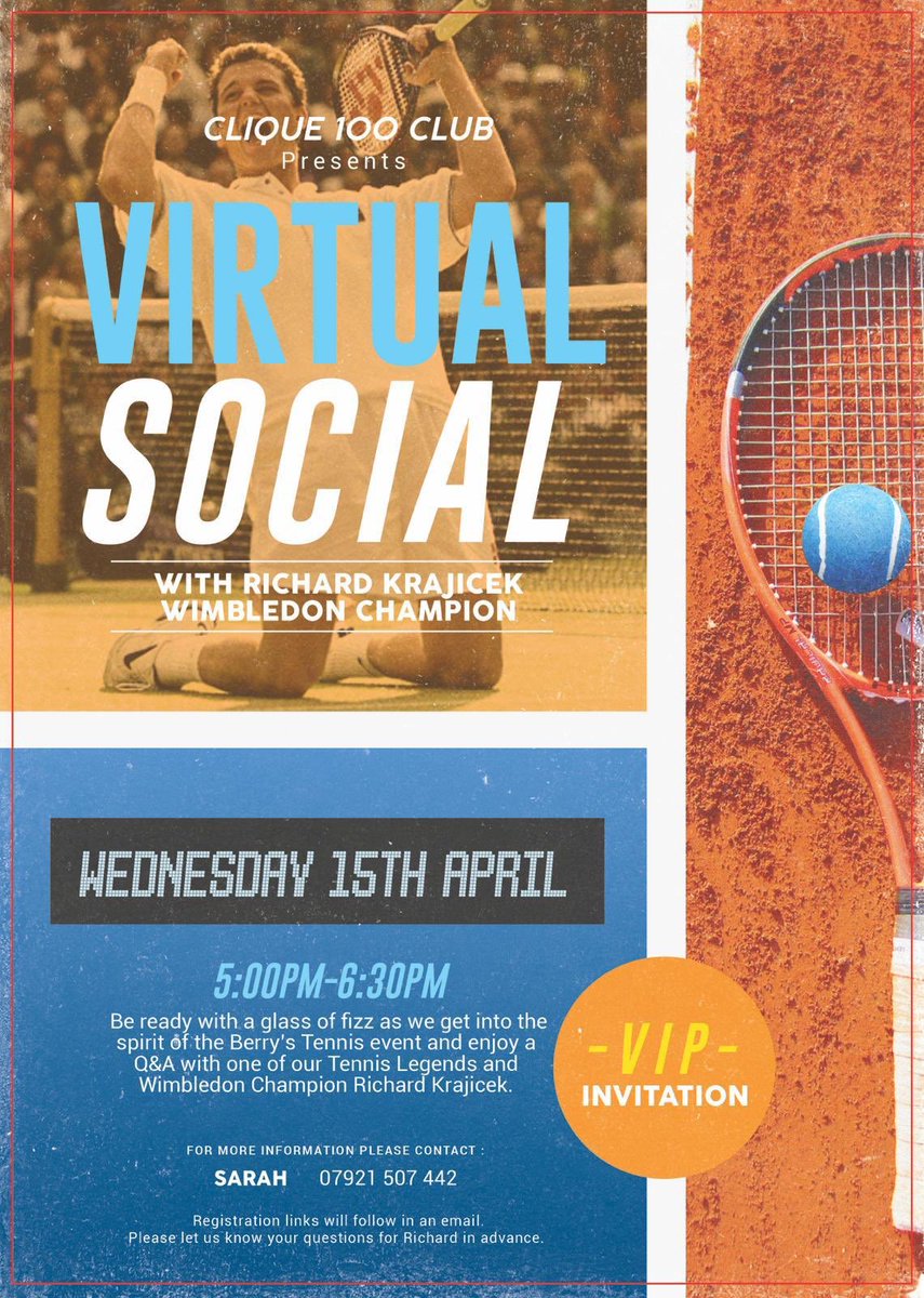Join us later today #wednesday #virtual #social with <a href="/RichardKrajicek/">Richard Krajicek</a> hosted by <a href="/thematthaycox/">Matt Haycox</a> @Clique100club 🥂#members #club <a href="/GrahamBowcock/">Graham Bowcock MRICS</a> <a href="/DanWhitehead2/">Dan</a> <a href="/mistoriagroup/">The Mistoria Group</a> <a href="/Together_Money/">Together</a> <a href="/tonyhallwood/">Tony Hallwood</a> @HRDeptTraff_War @hevRobIM <a href="/KatieMcCann3/">Katie McCann</a> #support