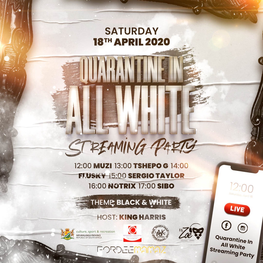 TheOnlyKhazana's tweet photo. #AllWhiteStreamingParty would like to welcome The Department Of Culture, Sport & Recreation in Mpumalanga, More details to follow on the page.
The Theme for Saturday is Black and White.
#013QuarantineLiveChat
#StayHome
#ArkEntertainmentSA https://t.co/j4QWPHYl1b