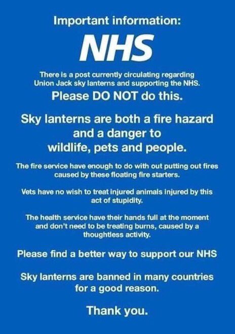 MikePannett's tweet photo. An important message that needs to be widely circulating. #BanSkyLanterns they’re both a fire hazard and danger to our wildlife. The message from .@NHSuk is really clear. 🔥🔥 RT 👍🏼 .@BBCNews .@itvnews .@5_News .@SkyNews .@Channel4News @NYorksPolice .@NorthYorkFire .@BBCYork https://t.co/4uShOXi4V1
