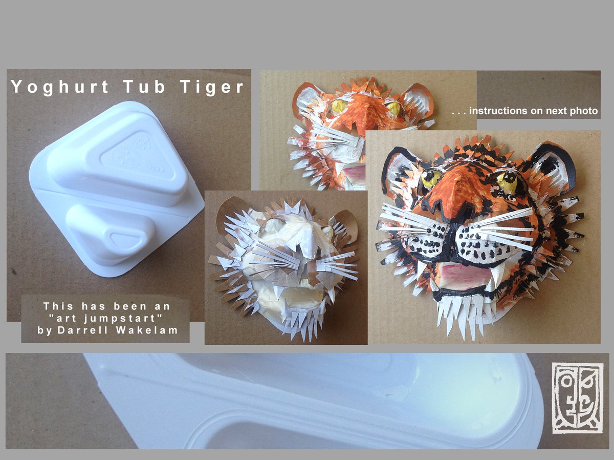 DarrellWakelam's tweet photo. Hello Twitter.  I’ve put a free art idea every day at #ArtJumpstart for #homeschooling since #Lockdown began. Here’s no. 20 ‘Yoghurt Tub Tiger’. Please RT those you like, then more children will get to enjoy them too. @JulieAnnaPoetry @BlackstoneFiona @LauraBehan21 @nickynewbury https://t.co/gqYcrm36j0