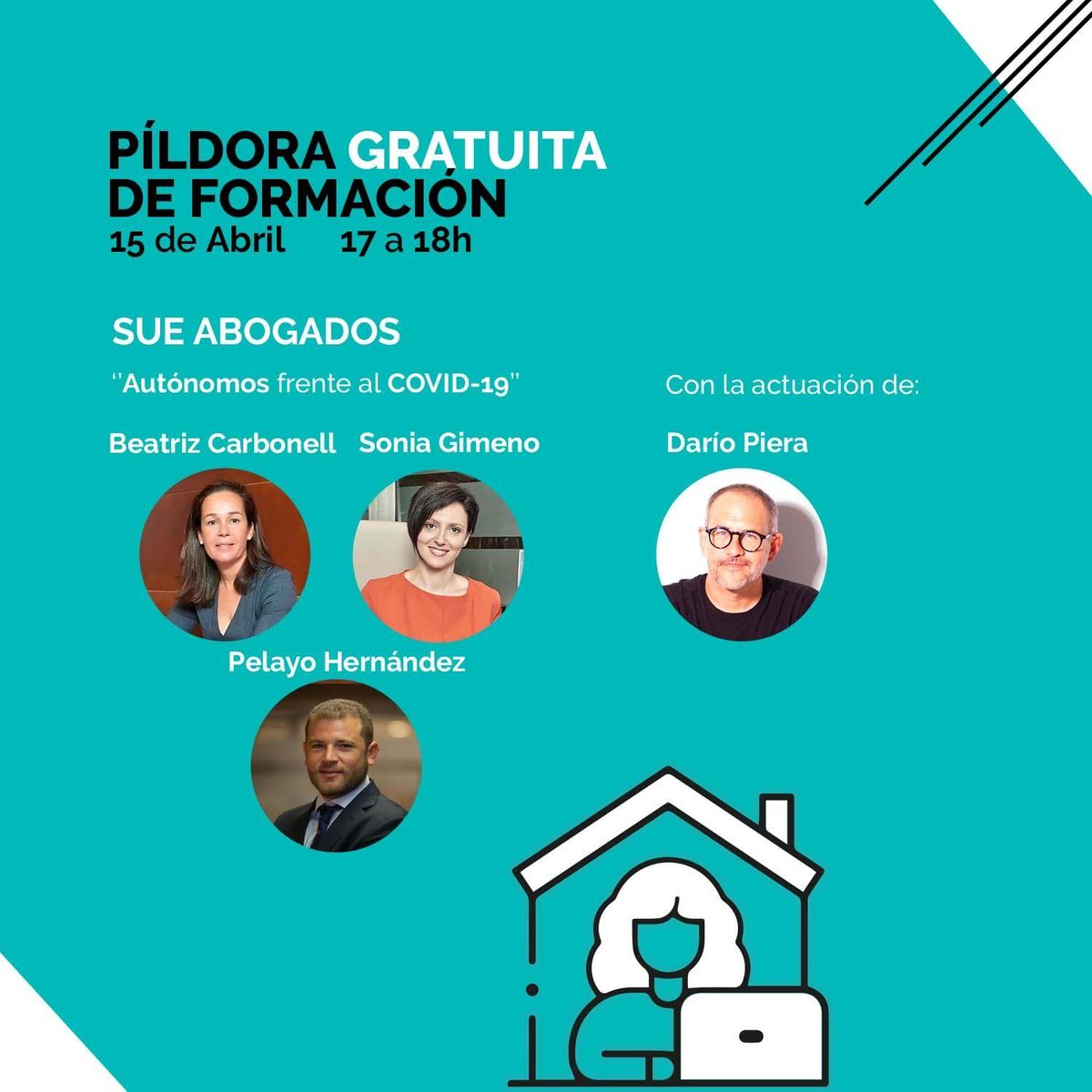 SueAbogados's tweet photo. 💻 | Hoy impartimos una sesión gratuita en MeetWork. "Autónomos Frente al COVID-19: Herramientas para el Día Después".
⏰17:00 horas
¡Os esperamos! 👉 https://t.co/F0zKEID177
#YoMeQuedoEnCasa #Meetwork #SUEresponde #FormaParteSolución https://t.co/YtkJc0tePG