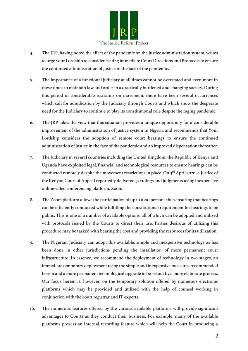 JRP_NG's tweet photo. In recognition of the adverse effects of the COVID-19 pandemic on the administration of justice system, the Justice Reform Project (JRP) has, by a letter, urged his Lordship, the Chief Justice of Nigeria to consider the urgent digitalisation of Court procedure. [1/4] https://t.co/hDNust2fZo