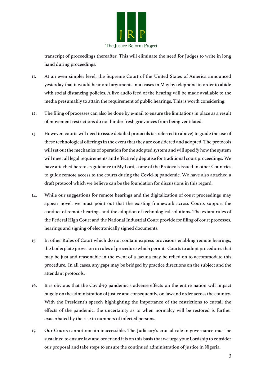 JRP_NG's tweet photo. In recognition of the adverse effects of the COVID-19 pandemic on the administration of justice system, the Justice Reform Project (JRP) has, by a letter, urged his Lordship, the Chief Justice of Nigeria to consider the urgent digitalisation of Court procedure. [1/4] https://t.co/hDNust2fZo