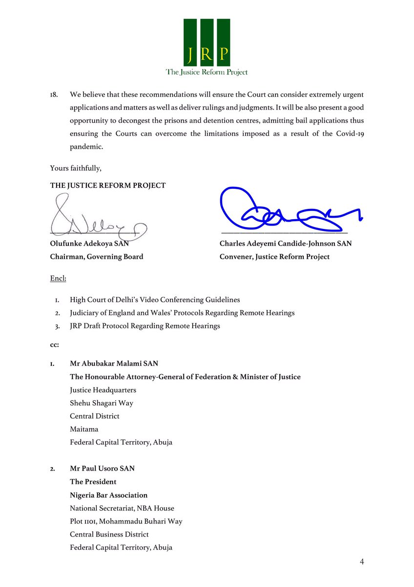 JRP_NG's tweet photo. In recognition of the adverse effects of the COVID-19 pandemic on the administration of justice system, the Justice Reform Project (JRP) has, by a letter, urged his Lordship, the Chief Justice of Nigeria to consider the urgent digitalisation of Court procedure. [1/4] https://t.co/hDNust2fZo