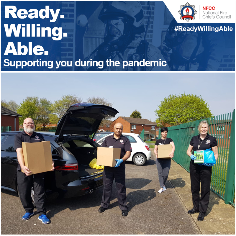 WestMidsFire's tweet photo. We're supporting @NFCC_FireChiefs #ReadyWillingAble campaign, showing how we're ready to keep you and your community safe and supported during the #COVID19 pandemic. We've delivered parcels for @OHPP3 to the vulnerable in Darlaston &amp; Willenhall: https://t.co/Kg92oeaQ1N https://t.co/REx0EcVnP6