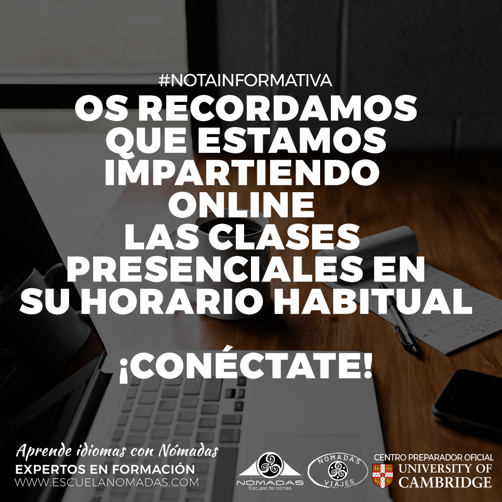 NomadasViajes's tweet photo. Os recordamos que todas las clases presenciales se están impartiendo de forma online en su horario habitual :)💪

#Nomadas #clases #cae #first #english #AlcázarDeSanJuan #EsAlcázar #idiomas #clasesdeingles #cambridge #inglesC1 #inglesB1 #InglesB2 #english #idiomas #ingles https://t.co/980tNZ8jVZ
