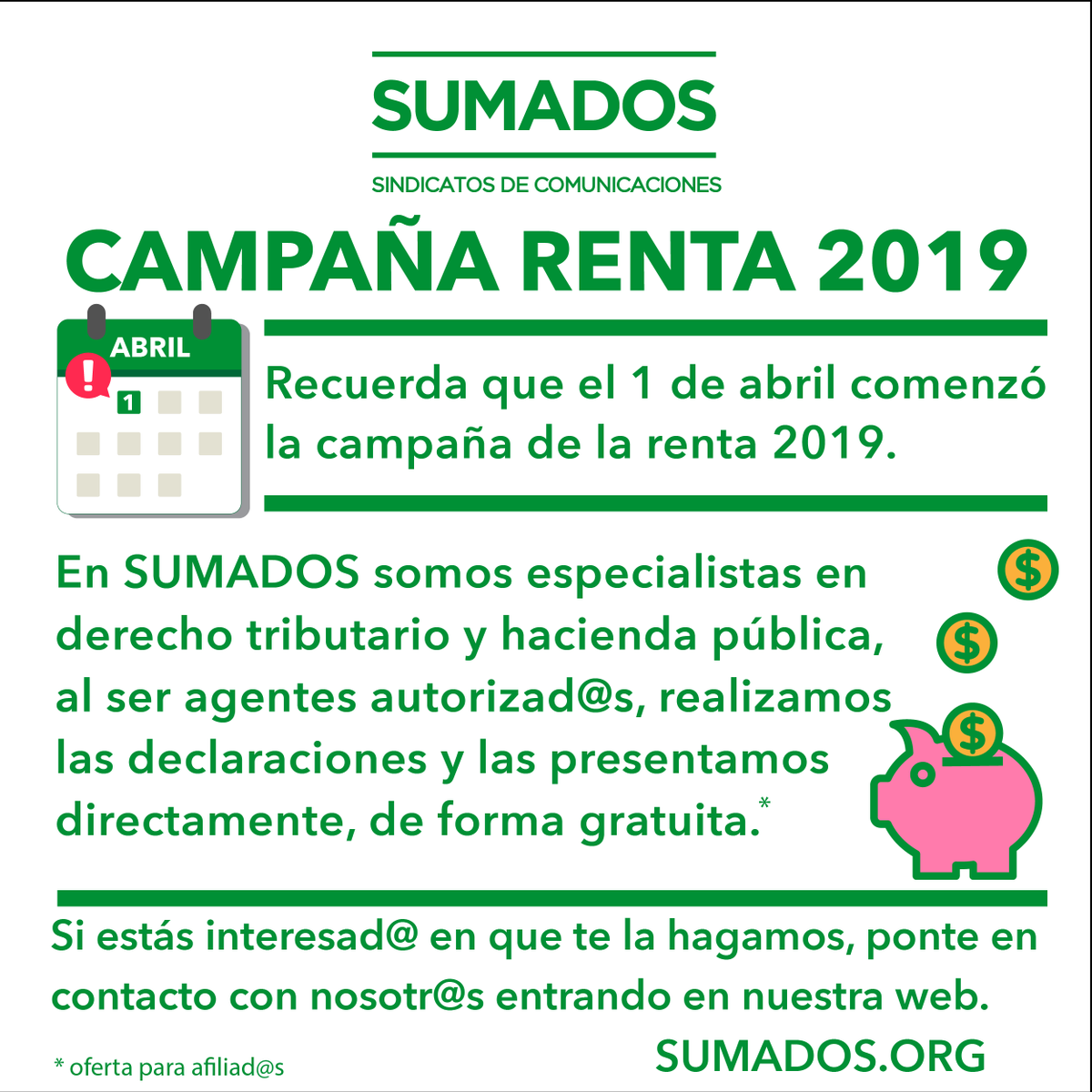 SumadosT's tweet photo. Para que no te tengas que preocupar también de la #Renta2019 , en #SCSUMADOS realizamos la Declaración de forma gratuita para nuestr@s afliiad@s. Más info: https://t.co/2TQv9ZHMJV #SUMADOS es más fácil #SUMA2 somos más fuertes https://t.co/XVJs6emqSu