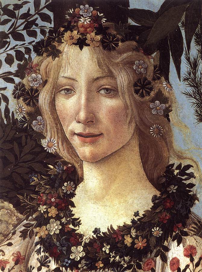 A facial side-by-side of this colourised photograph with its inspiration, Flora from Sandro Botticelli's "Primavera"