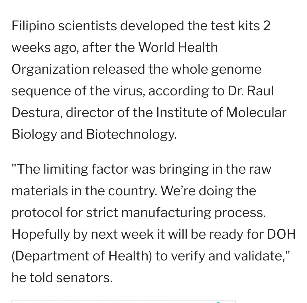 in the same article, Dr. Destura hopes that the kits developed by UP will be validated by DOH