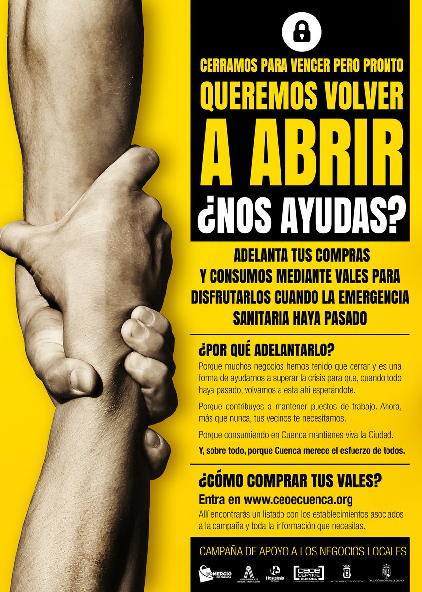 ceoecuenca's tweet photo. 📢Adelanta tus compras y consumo mediante VALES para disfrutarlos cuando pase la emergencia sanitaria
👉https://t.co/n8s0Uz97Wu

Ayuda a los establecimientos que han tenido que cerrar

Es una campaña de @ceoecuenca Asoc Comercio @HC_Cuenca @HosteleriaCu @aytocuenca @DipuCuenca https://t.co/2IgBIWDCW1