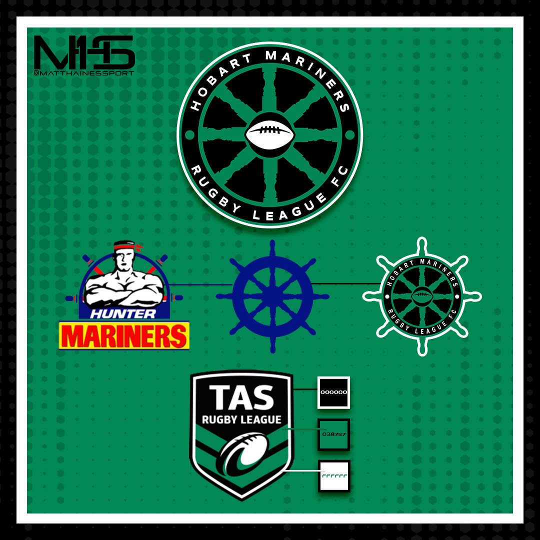 I did a lot of experimenting with anchors and ships, but felt that it was better to keep the Helm that featured in the Hunter Mariners logo. I adapted it into a modern style crest that features the Hobart Mariners Rugby League FC word mark and football.