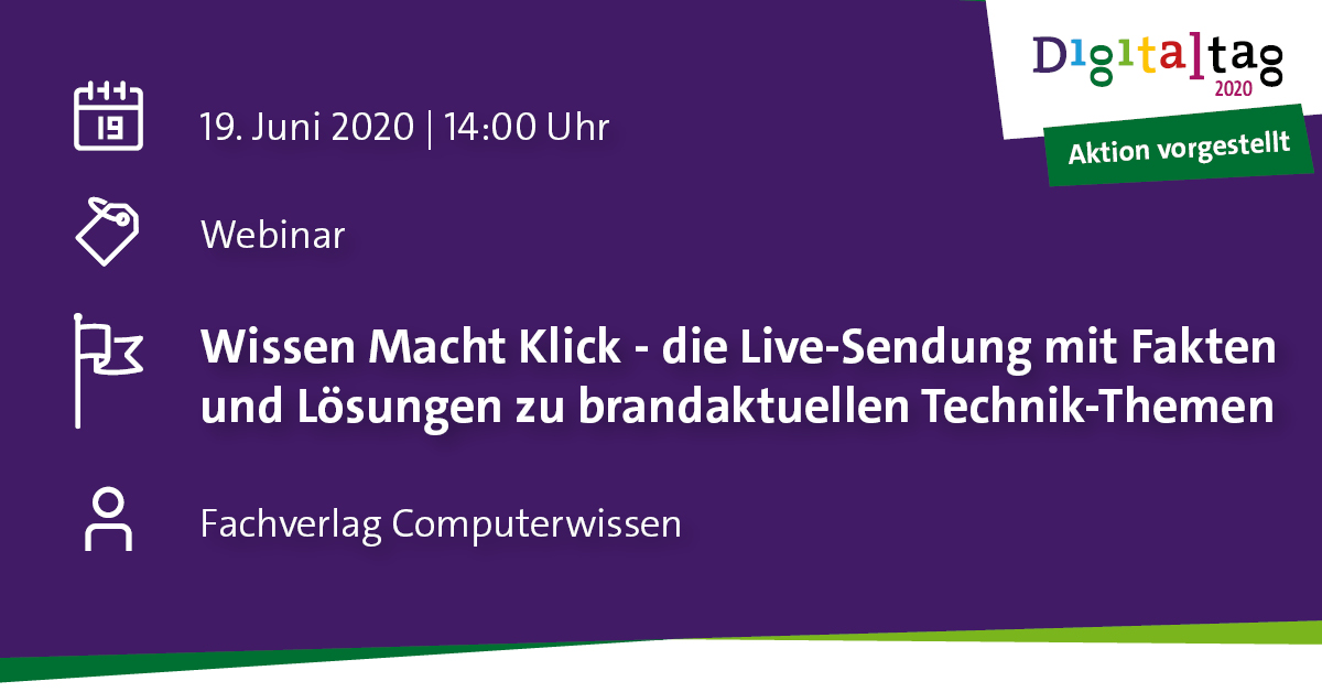 DigitaltagDE's tweet image. Chefredakteur @kaneretem von @ComputerWissen lädt euch zum Videopodcast ein. 👉bit.ly/3chd6m0
Ihr habt auch spannende Themen und wollt die digitale Teilhabe in Deutschland fördern? Dann meldet eure Aktion an: digitaltag.eu/aktion-anmelden 🥳
#digitaltag20 #digitalmiteinander