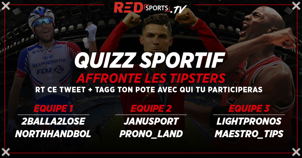 👊👊 AFFRONTE NOS TIPSTERS ! 

Un quizz sportif par équipes se fait forcément avec un nombre pair d'équipes, alors ⤵️ 

👉 RT CE TWEET + TAGG TON POTE
👉 TAS POUR LES GAGNANTS