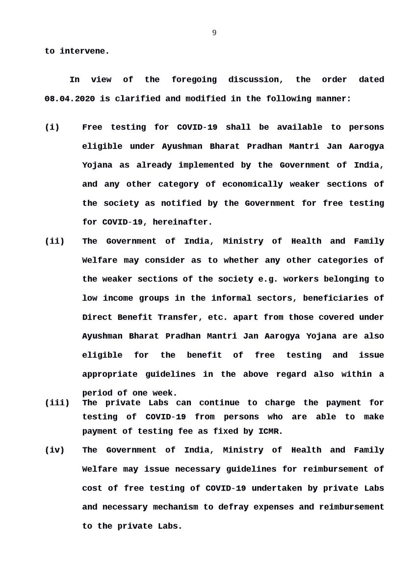 Outcome of 13March hearing -SC decided to allow pvt labs to charge "persons who are able to make payment of testing as fixed by ICMR", make testing free for Ayushman Bharat beneficiaries & instructed Govt to consider weaker sections of society for free testing