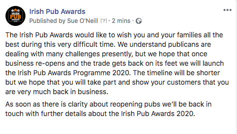 As we should have been launching the 2020 Irish Pub Awards next week. Please see update below #StaySafe