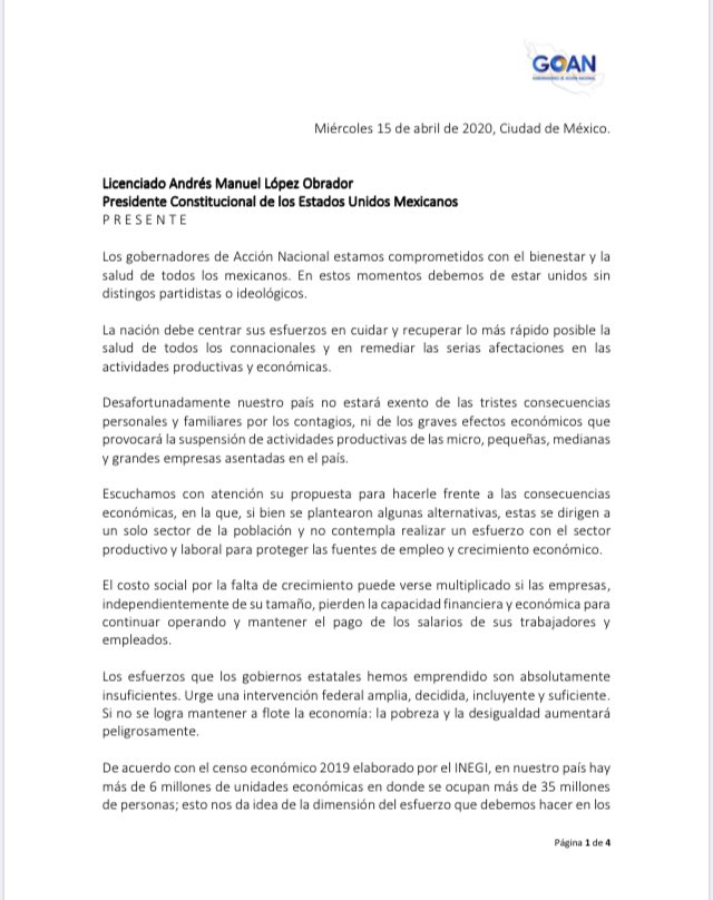 GOAN_MX's tweet photo. Enviaremos hoy un escrito al presidente @lopezobrador_  

Le urgimos implementar un Programa de Emergencia Económica con acciones concretas para apoyar a las micro, pequeñas y empresas en general. A defender el empleo y apoyar la economía familiar. 

No hay más tiempo que perder. https://t.co/7VRZ4TvO2B