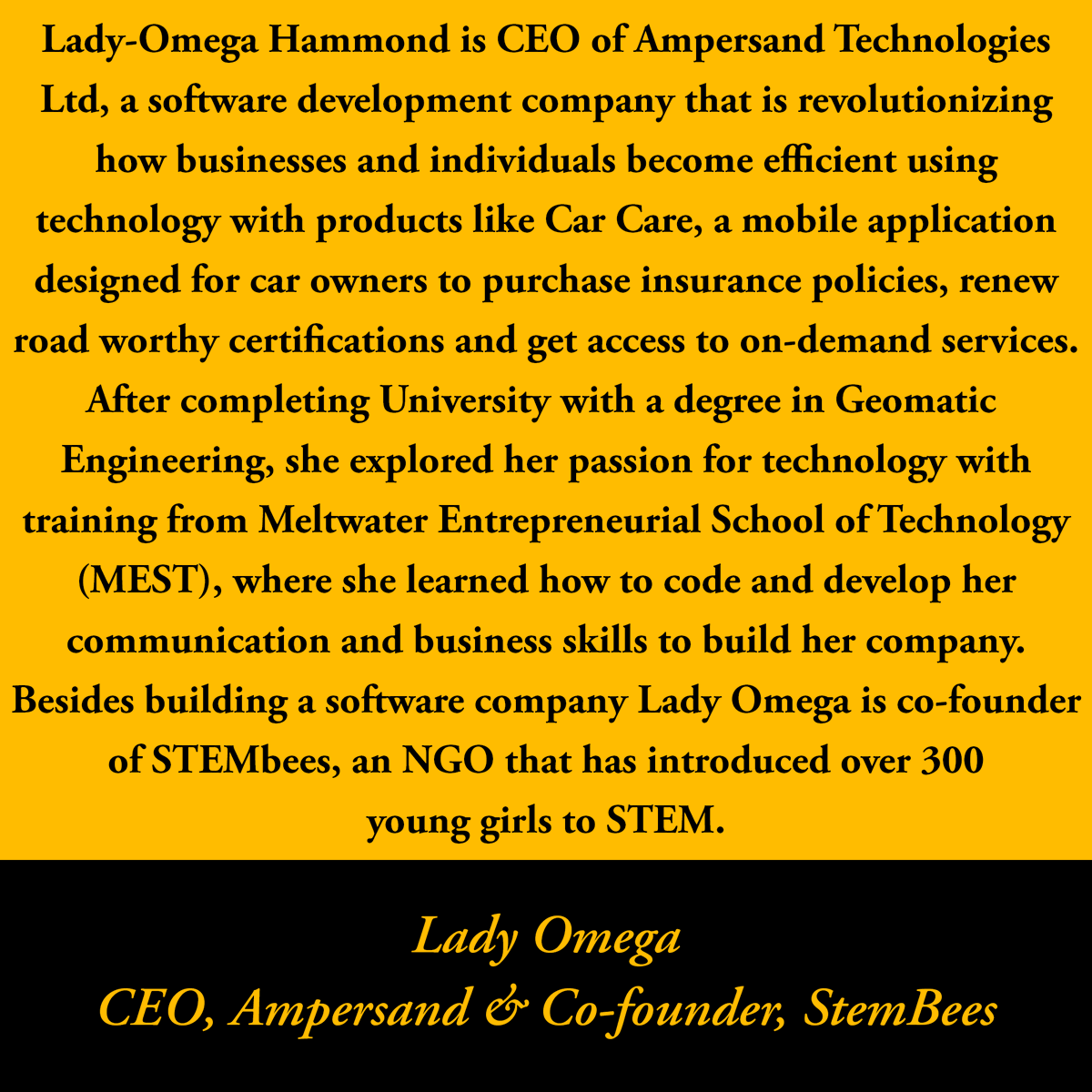 10XWomenToTech's tweet photo. Wednesdayyyyy! Today's Wonder Woman is Lady Omega, CEO of Ampersand Technologies Ltd &amp; co-founder of StemBees
#womenwhocode #womenshistorymonth #womenintech #blackwomenintech #girlswhocode #women #womeninstem #women #womenbosses #womanboss #womenbossesinbusiness #womenempowerment https://t.co/1if6seYsSj