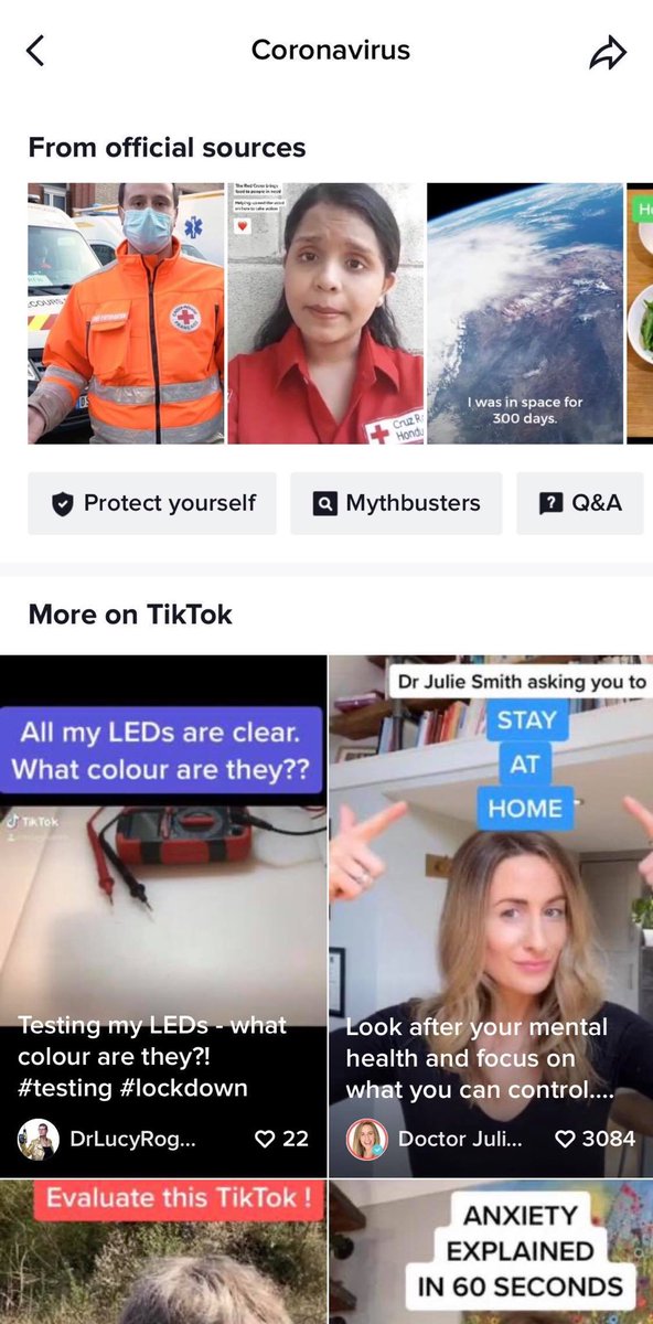 Update 2: TikTok.Last week, opening the TikTok app displayed a sponsored message from the Government asking people to stay home (image 1). TikToks now have a permanent COVID-19 button (top right of image 2) that leads to the existing dedicated information page (image 3).