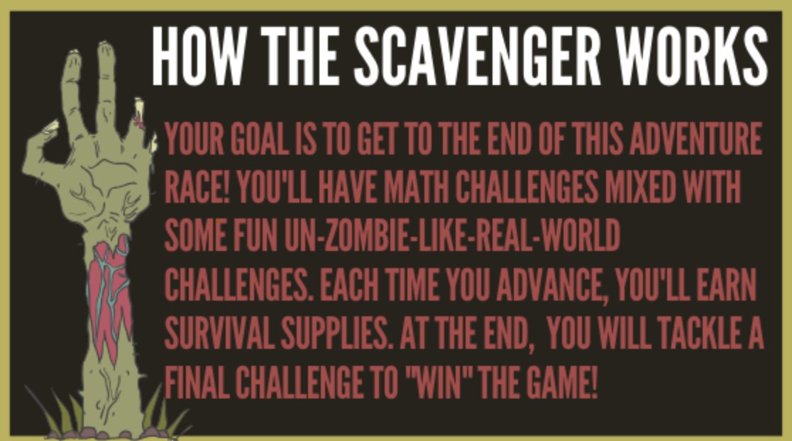 RunWithZRX's tweet photo. If you thought a horde of zoms was scary, you should try long division. How awesome is this ZR-inspired scavenger hunt our runner Lorraine made for her 5th grade class? Want to give the challenge a go? Head to this link: https://t.co/eO2TNNqDM0 https://t.co/5uQ2t7kQzf