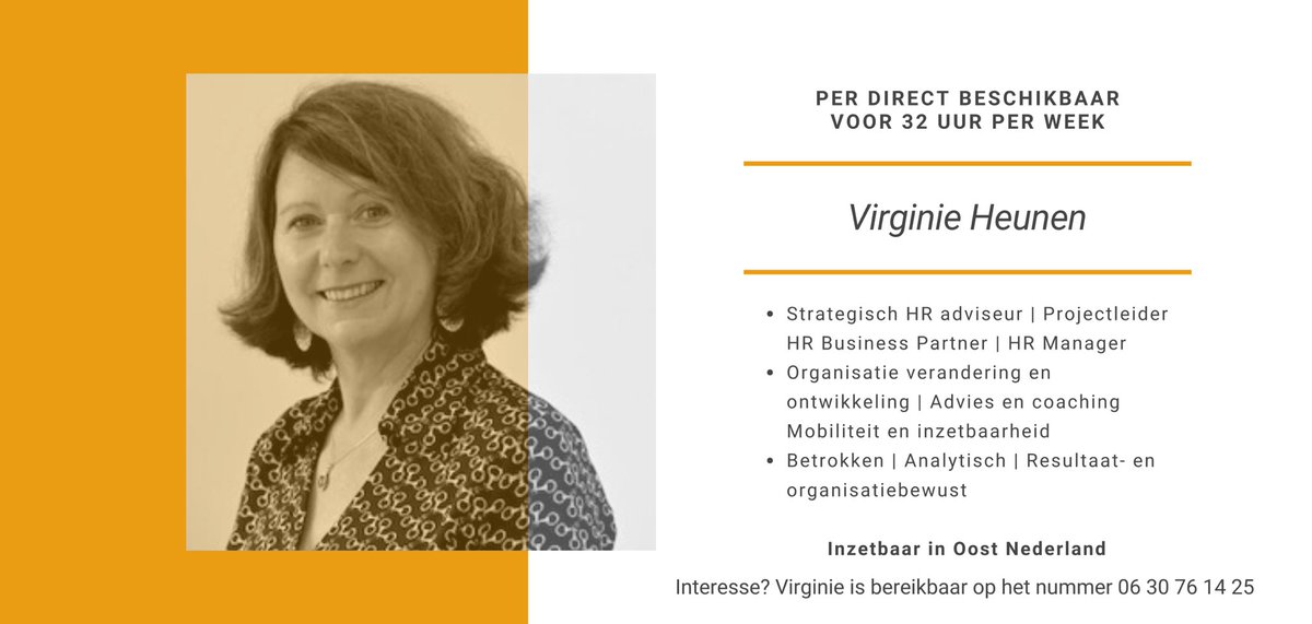 Onze HR professional Virginie Heunen is beschikbaar voor 32 uur per week! Virginie kan uw organisatie tijdelijk ondersteunen bij diverse HR-vraagstukken. Zij is bereikbaar op 06 30 76 14 25

#humancapitalgroup #adviseur #businesspartner #projectleider #manager #verandering