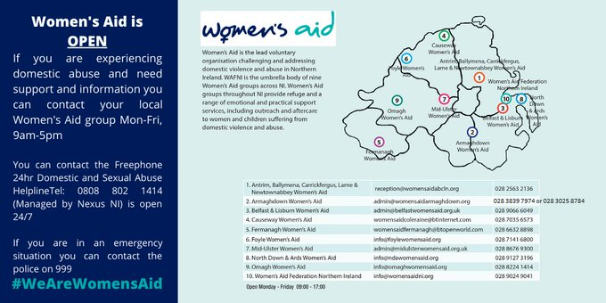 WomensAidNI's tweet photo. Women's Aid across NI is open.  If you are experiencing domestic violence please contact your local Women's Aid groups for information and support, don't suffer in silence, you are not alone 🌈 https://t.co/yew71Teu70