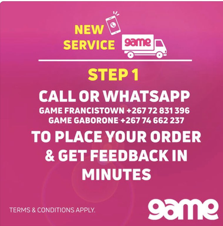 For groceries, appliance n all sorts Game store also say they do online orders and deliveries. You can order by calling the gabs or ftown store or WhatsApp 74662237 and 72831396 respectively to place orders, they take eft and mobile money payments and will delivery with 48hours