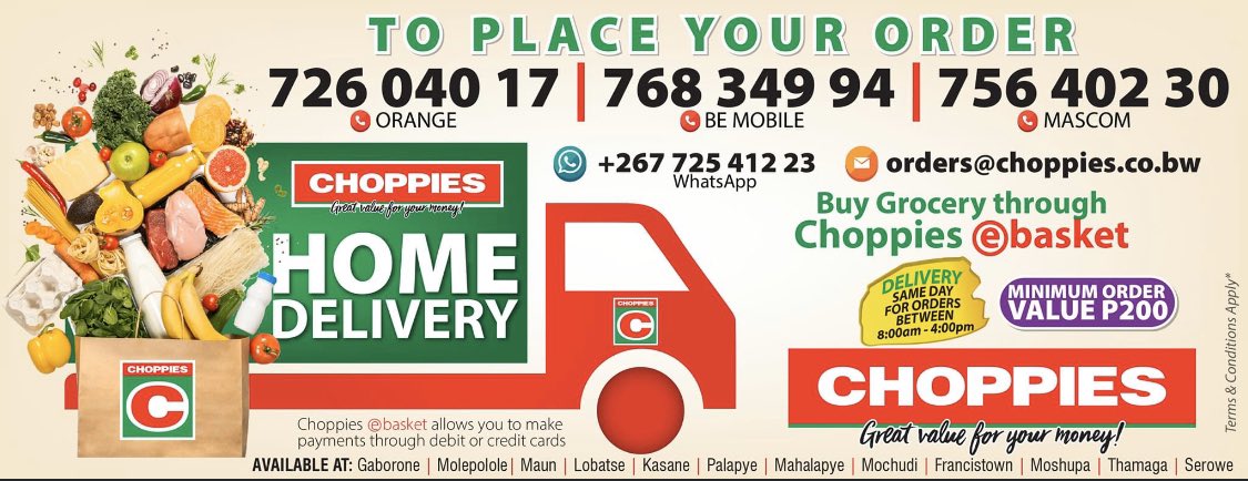 For your grocery needs choppies has an “ebasket service “ . Minimum order value is P200, they say they do same day delivery and you can place orders by emailing orders@choppies.co.bw or WhatsApp 7254 1223